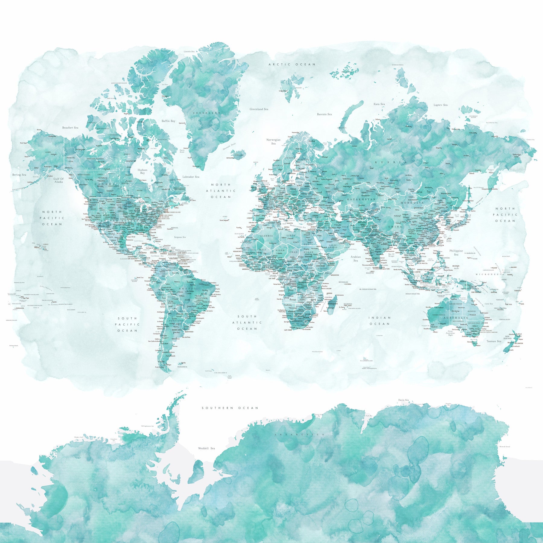 Aqua Blue  Watercolor World Map Wallpaper