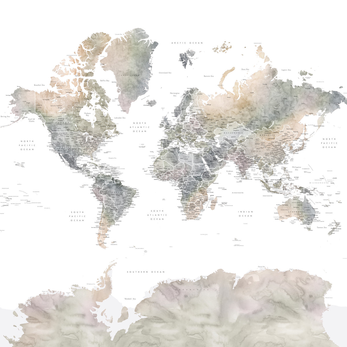 Earth Tones Watercolor World Map Wallpaper in your room — zoomed