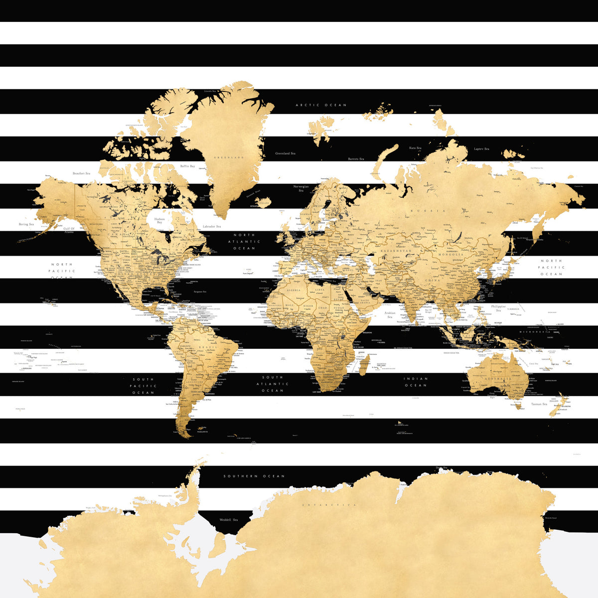 Gold and Black Watercolor World Map Wallpaper in your room — zoomed