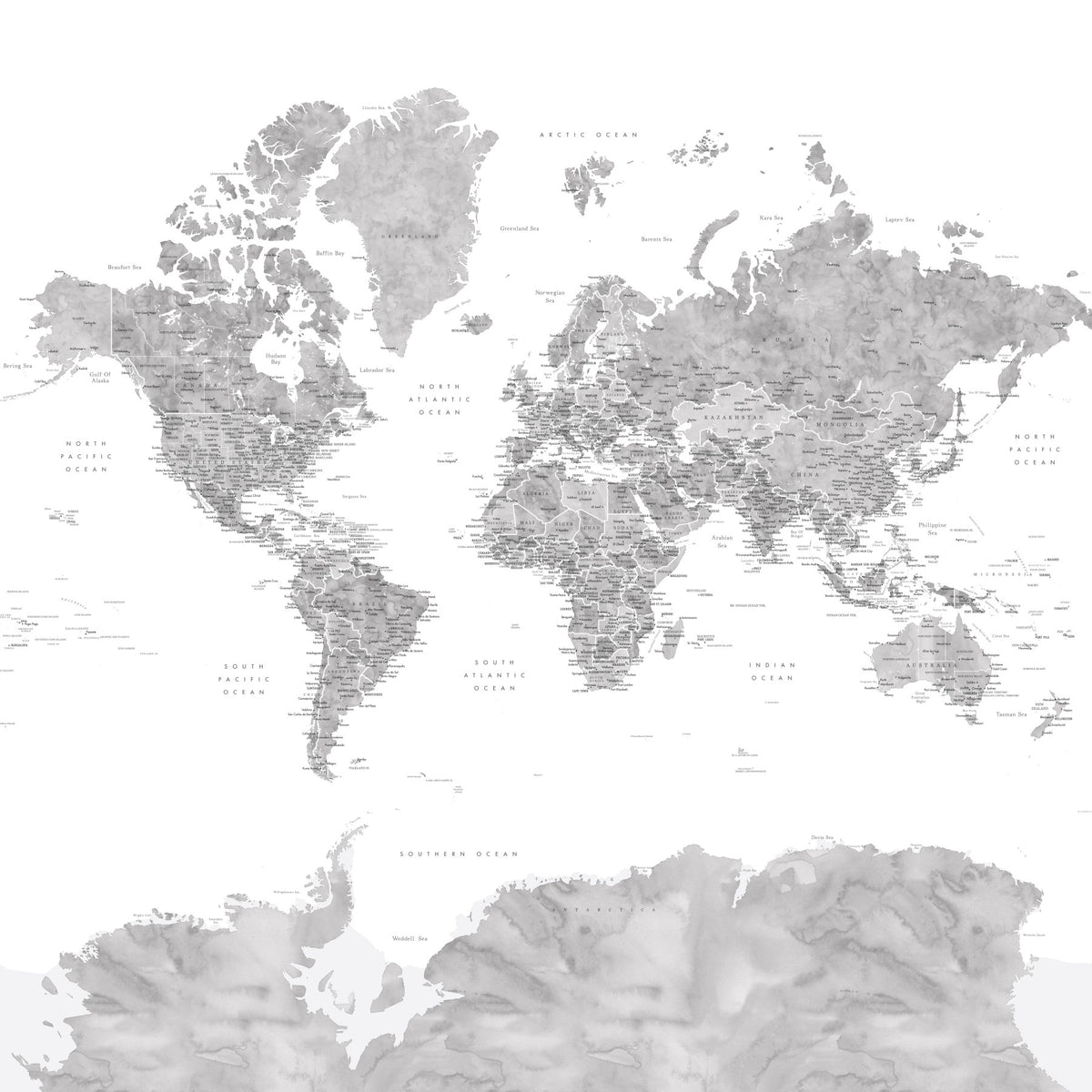 Gray Watercolor World Map Wallpaper in your room — zoomed