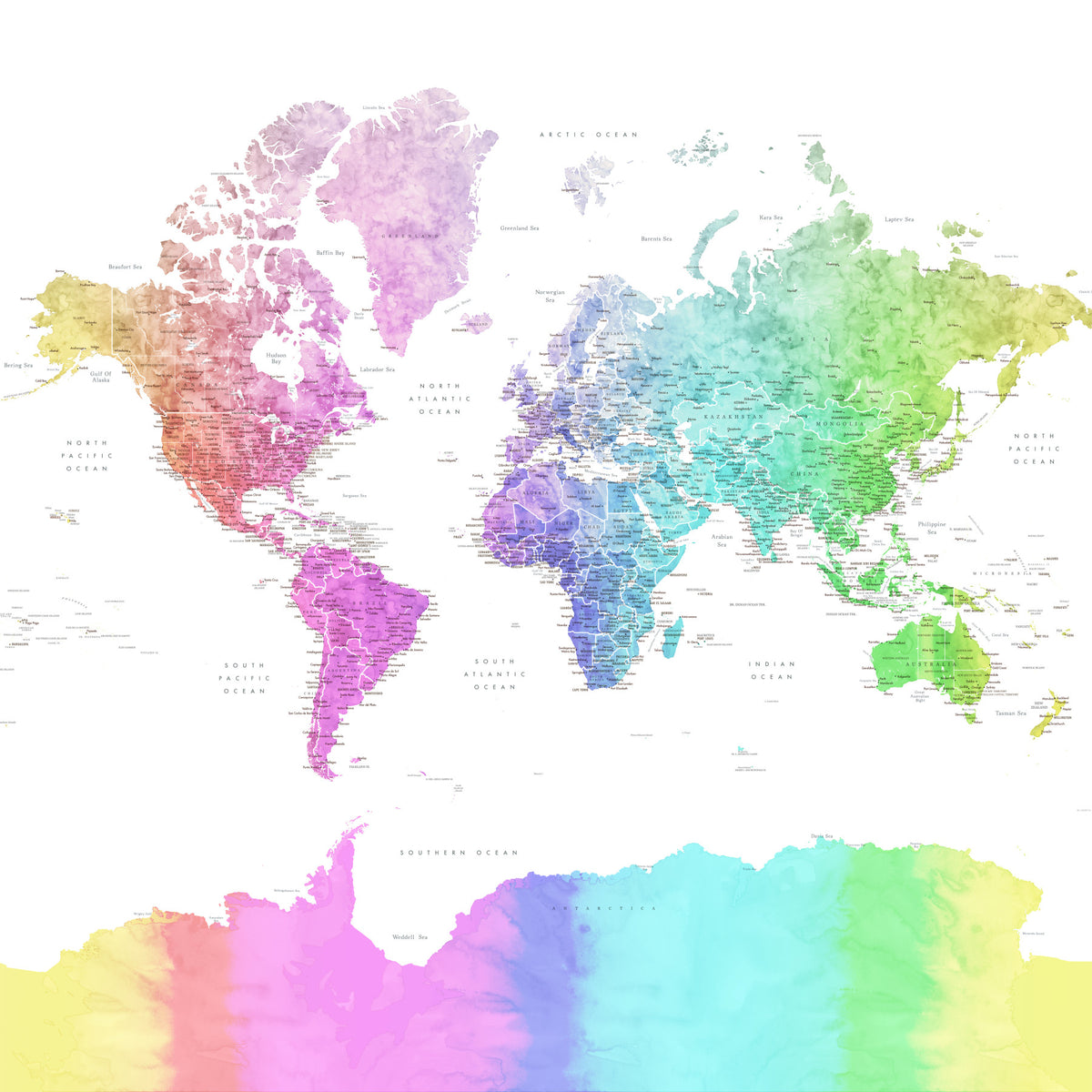 Rainbow Watercolor World Map Wallpaper in your room — zoomed