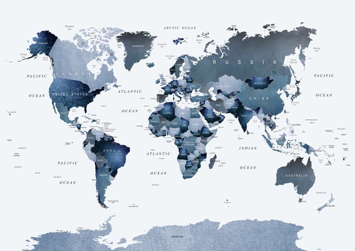 Blue World Map Wall Mural in your room — zoomed