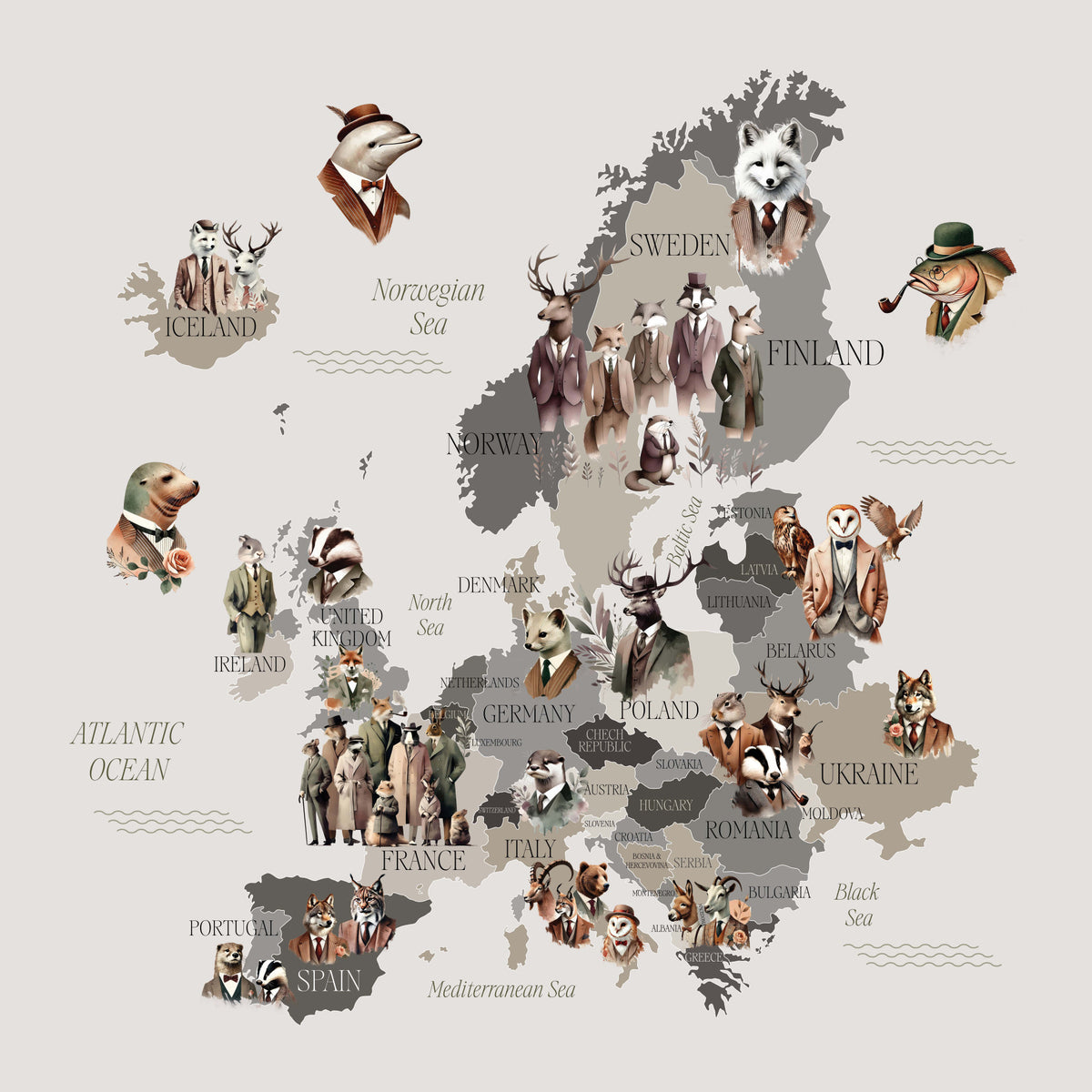 Dapper Animals of Europe Wall Mural in your room — zoomed