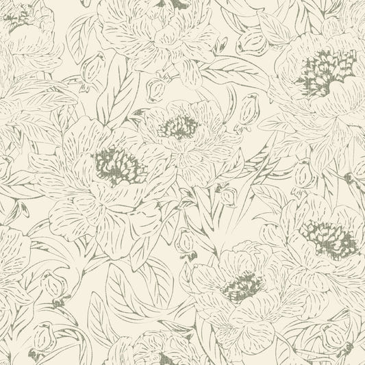 Romantic Peonies Line Art Green Wallpaper⁠