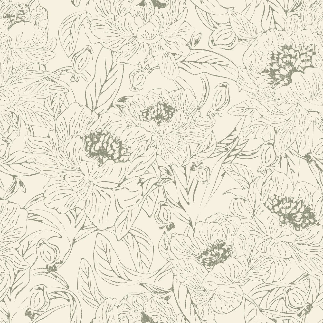 Romantic Peonies Line Art Green Wallpaper⁠