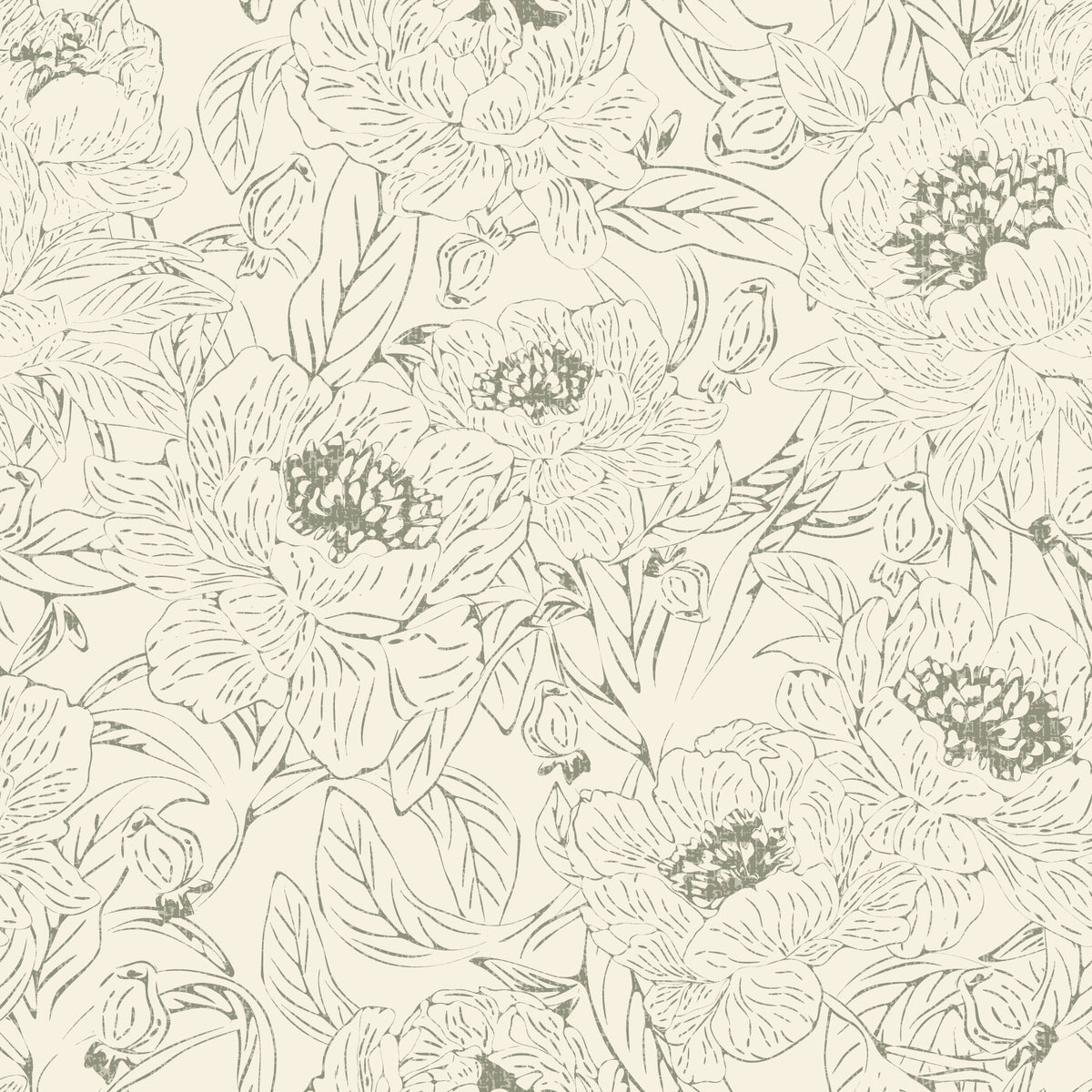 Romantic Peonies Line Art Green Wallpaper⁠