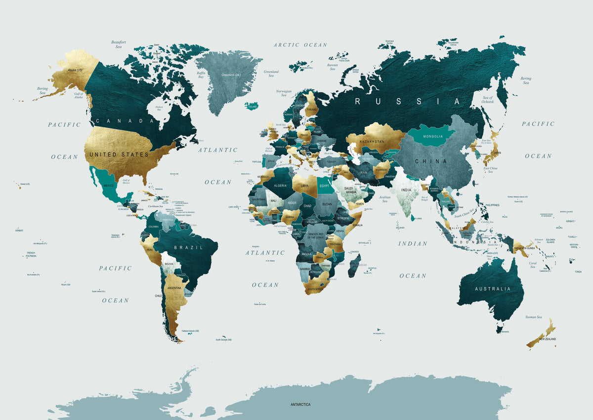 World Map Teal Gold Wall Mural in your room — zoomed