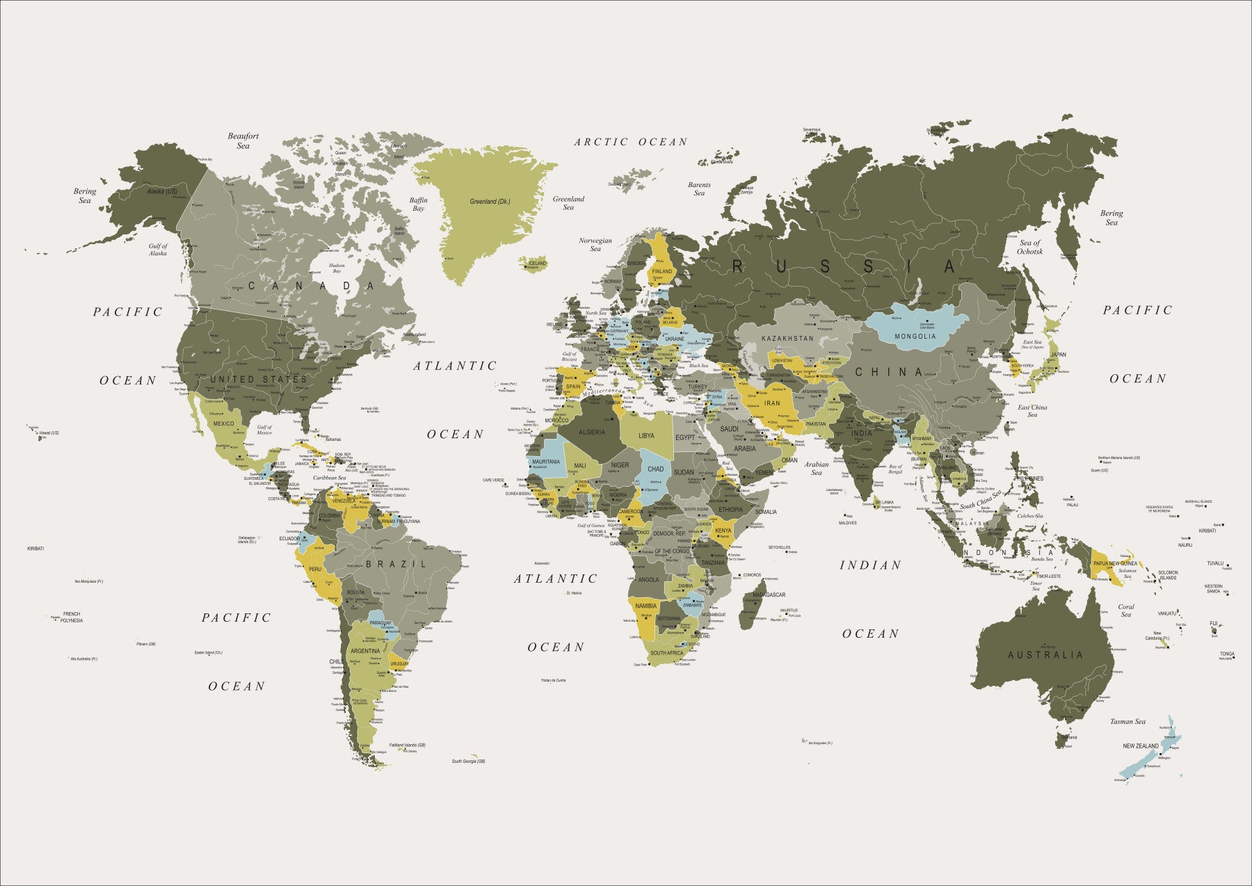 World Map Khaki Green Wall Mural
