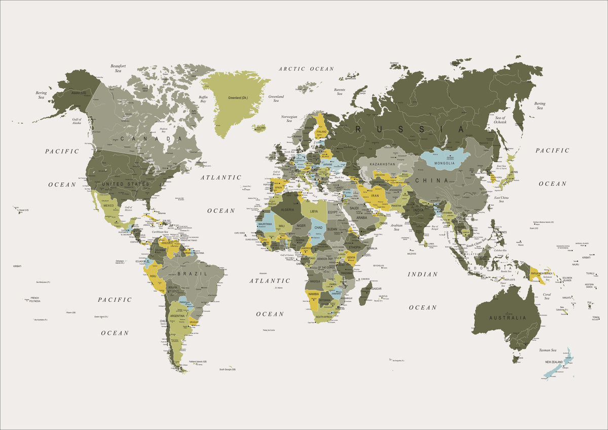World Map Khaki Green Wall Mural in your room — zoomed