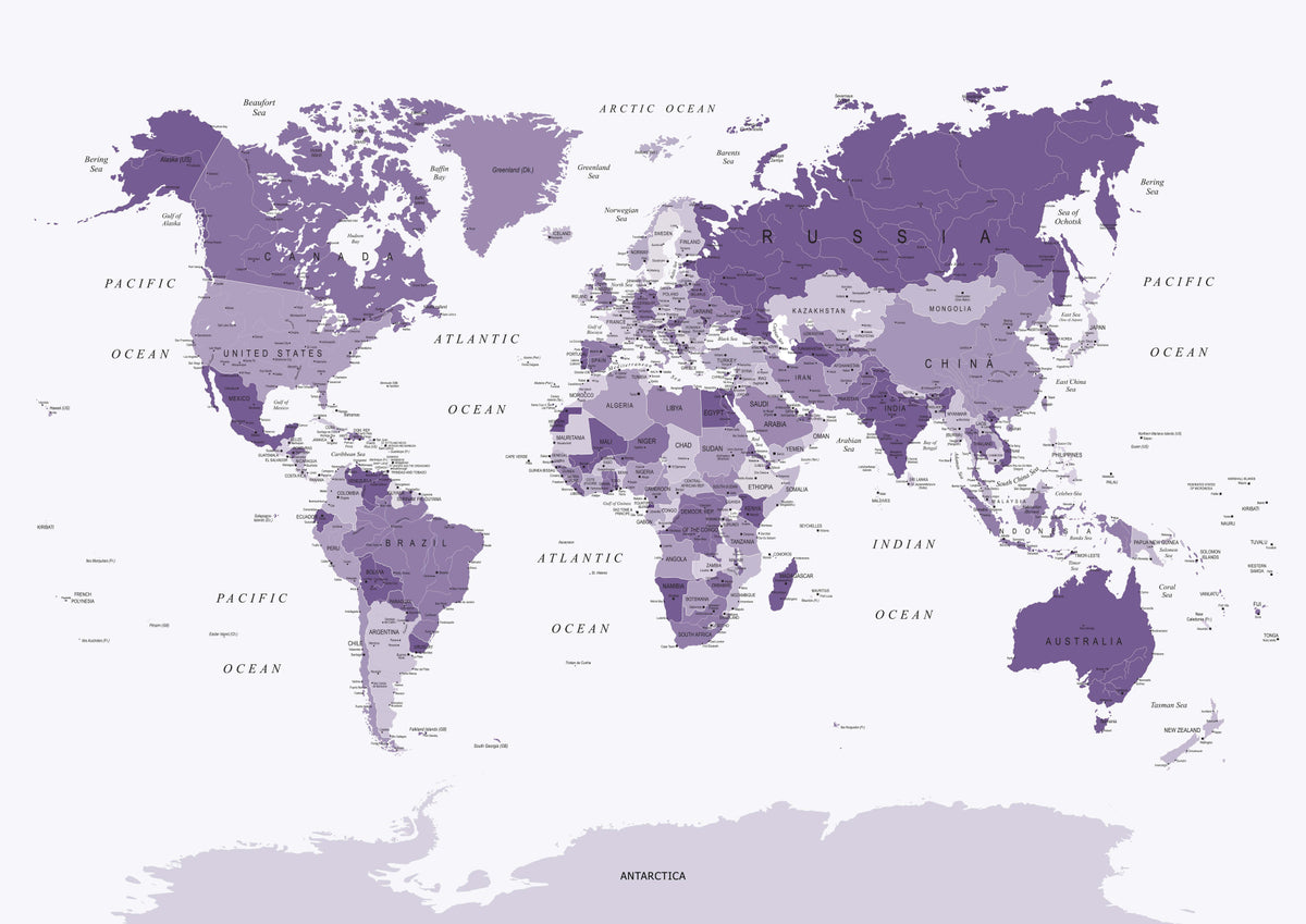 World Map in Purple Wall Mural in your room — zoomed