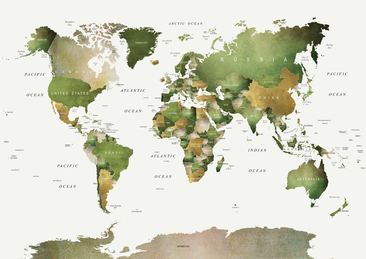 World Map in Green Wall Mural