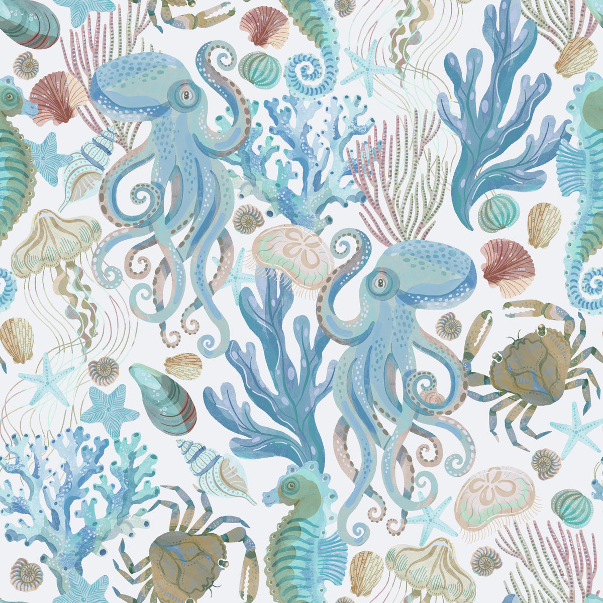 Aqua Coastal Cabin Sea Creatures  Wallpaper⁠ in your room — zoomed