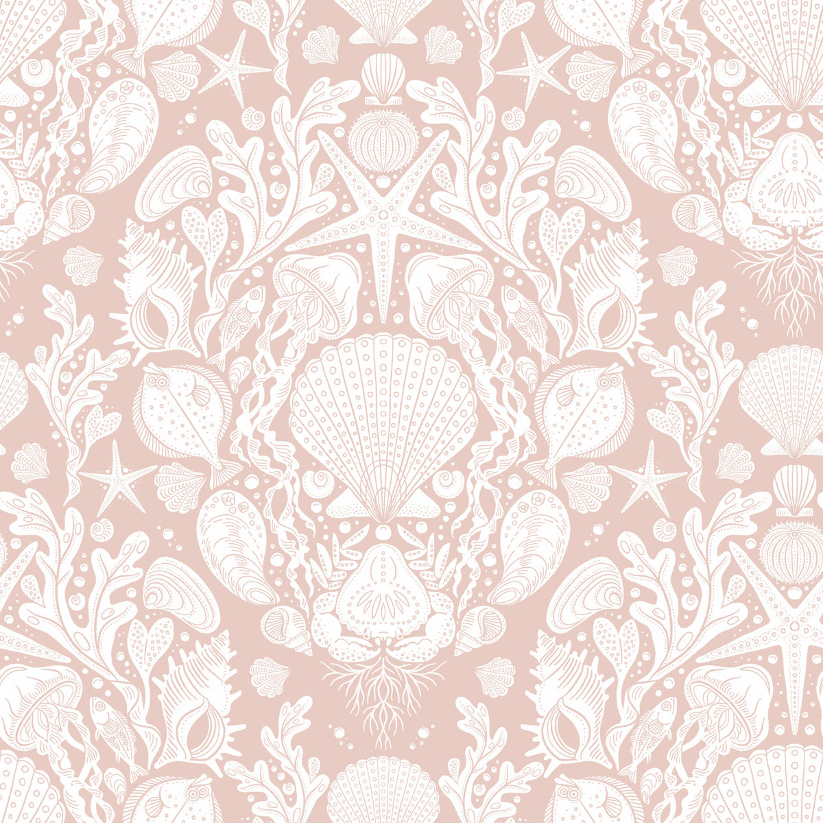 Deep Sea Damask in Powder White Wallpaper⁠ in your room — zoomed