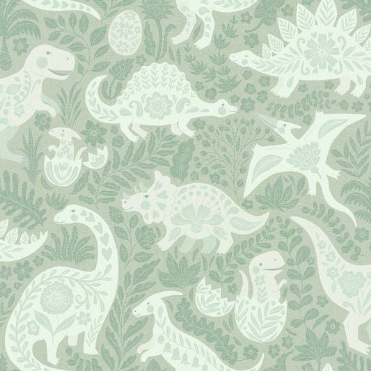 Sage Green Dinosaurs Folk Art   Wallpaper⁠