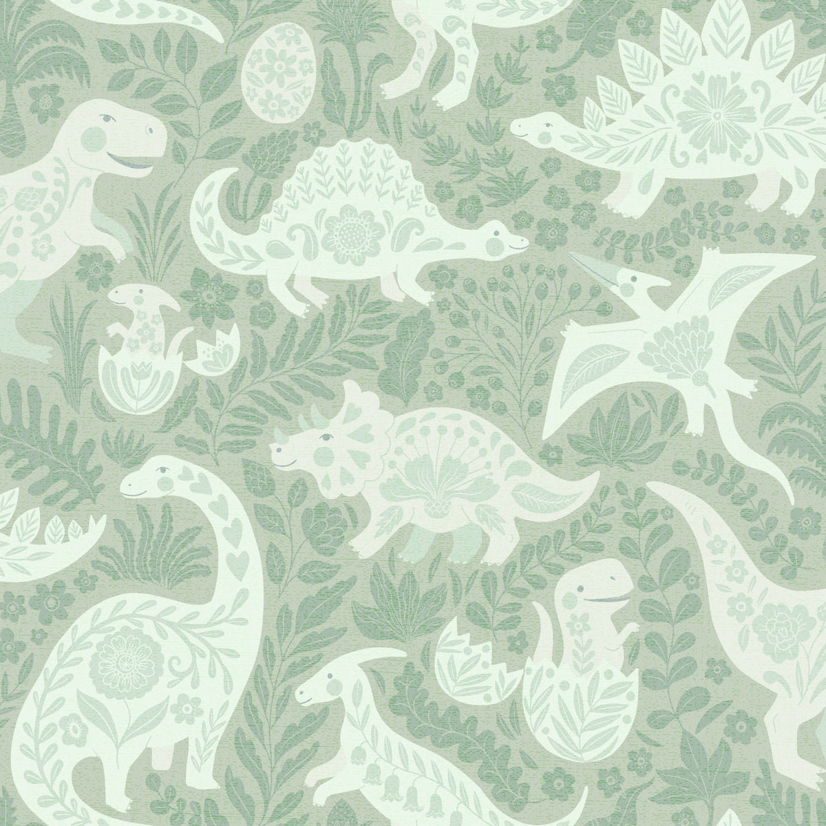 Sage Green Dinosaurs Folk Art Wallpaper⁠