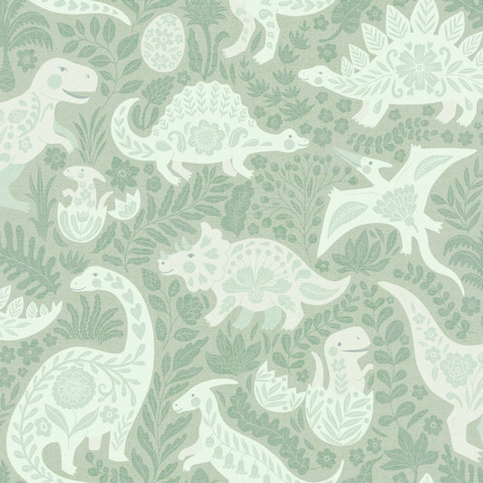 Sage Green Dinosaurs Folk Art   Wallpaper⁠