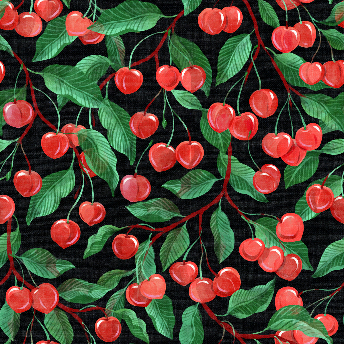 Painterly Cherries Black Wallpaper⁠ in your room — zoomed