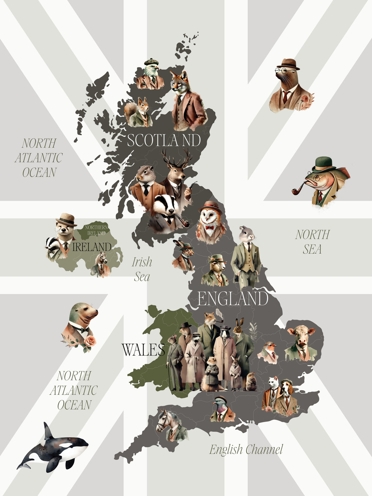 Dapper Creatures of Britain Wall Mural in your room — zoomed