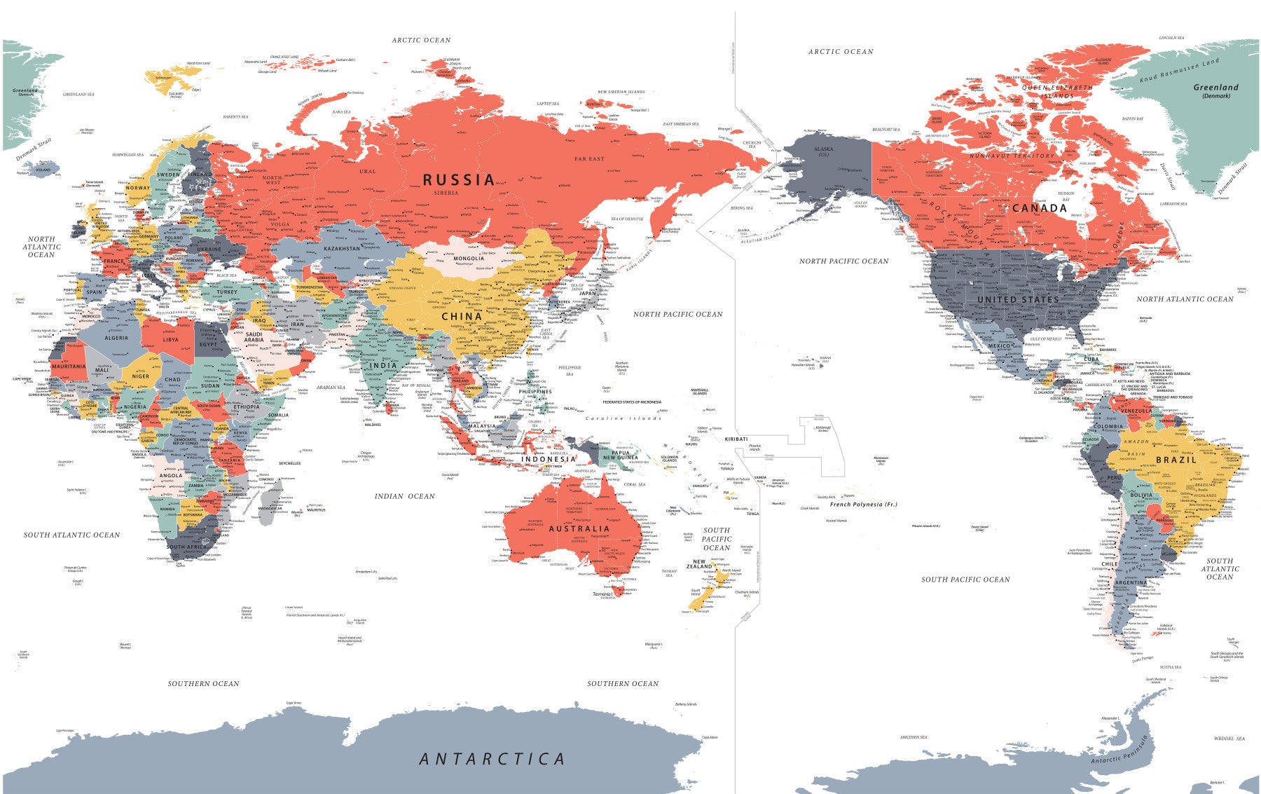 Pacific Centered World Map in Happy Colors Wall Mural