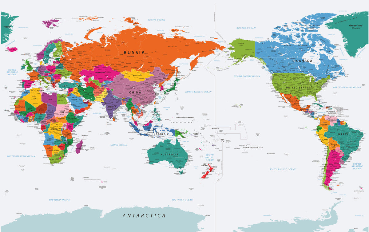 Pacific Centered World Map Fun Colors Wall Mural in your room — zoomed
