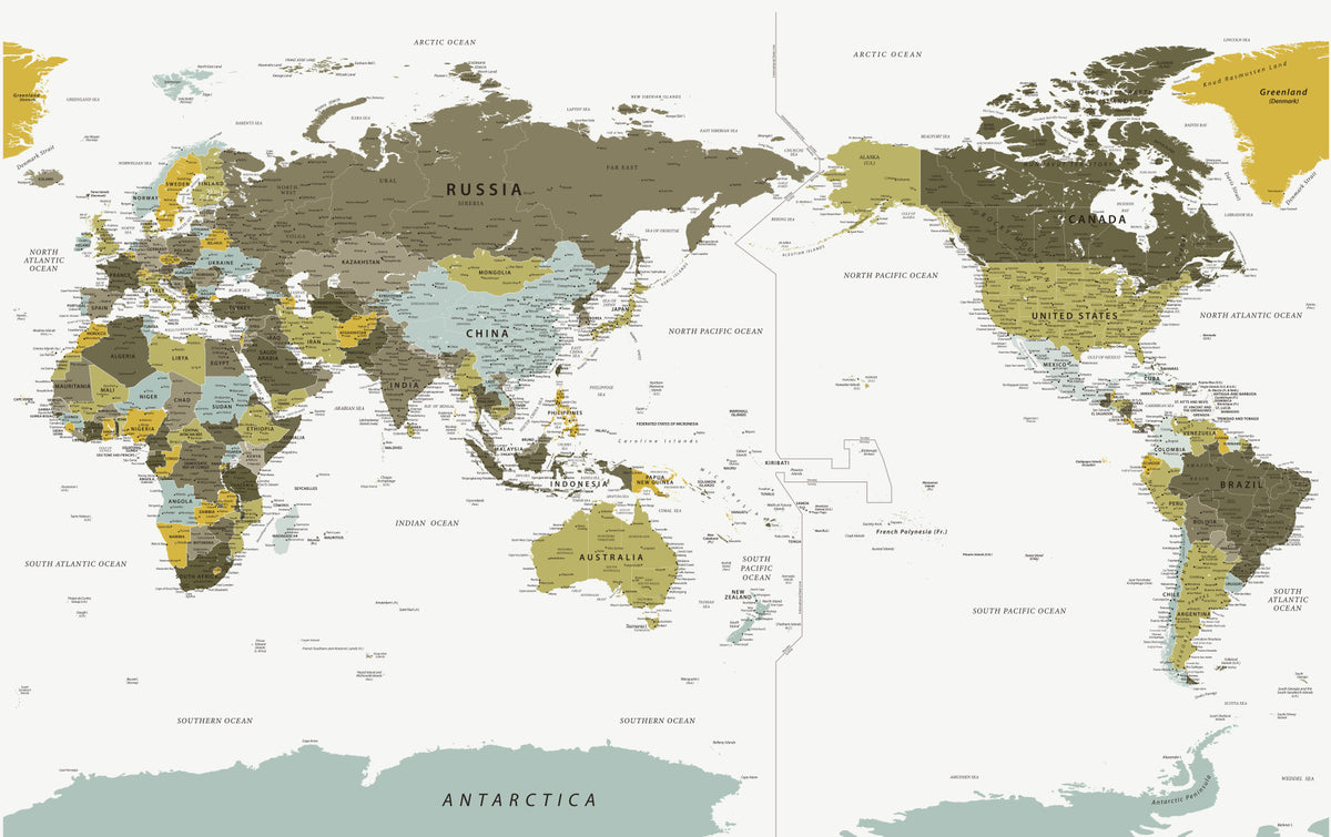 Pacific Centered World Map Olive Green Wall Mural