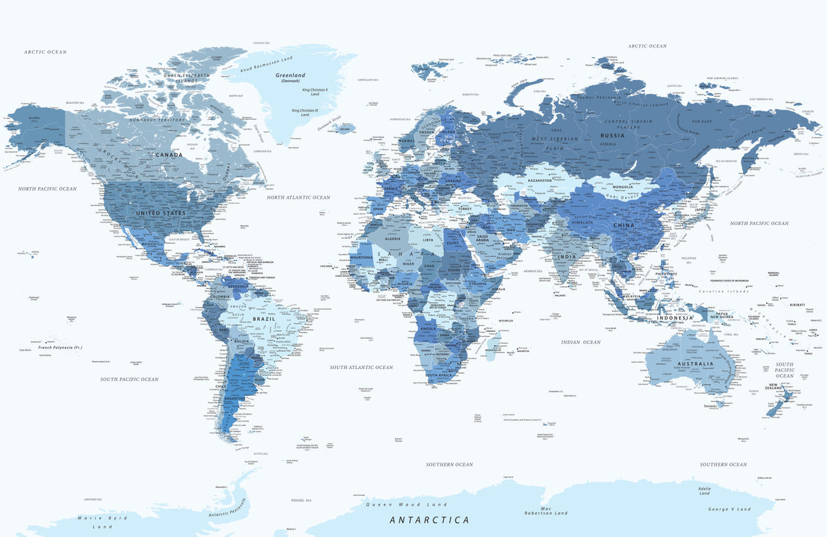 Highly Detailed World Map in Blue Wall Mural