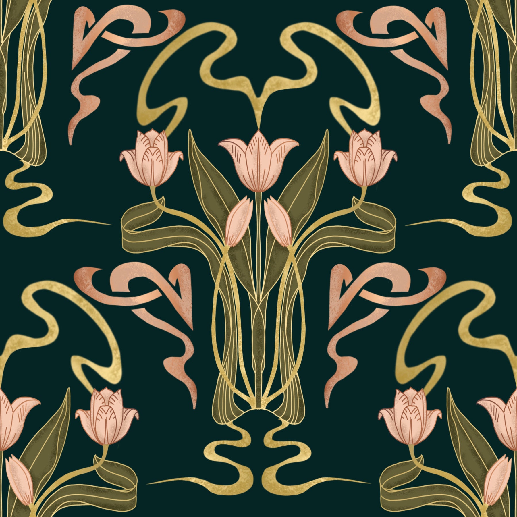 Deco Tulip Bloom  - Art Deco Floral Nouveau Deep Forest Wallpaper⁠