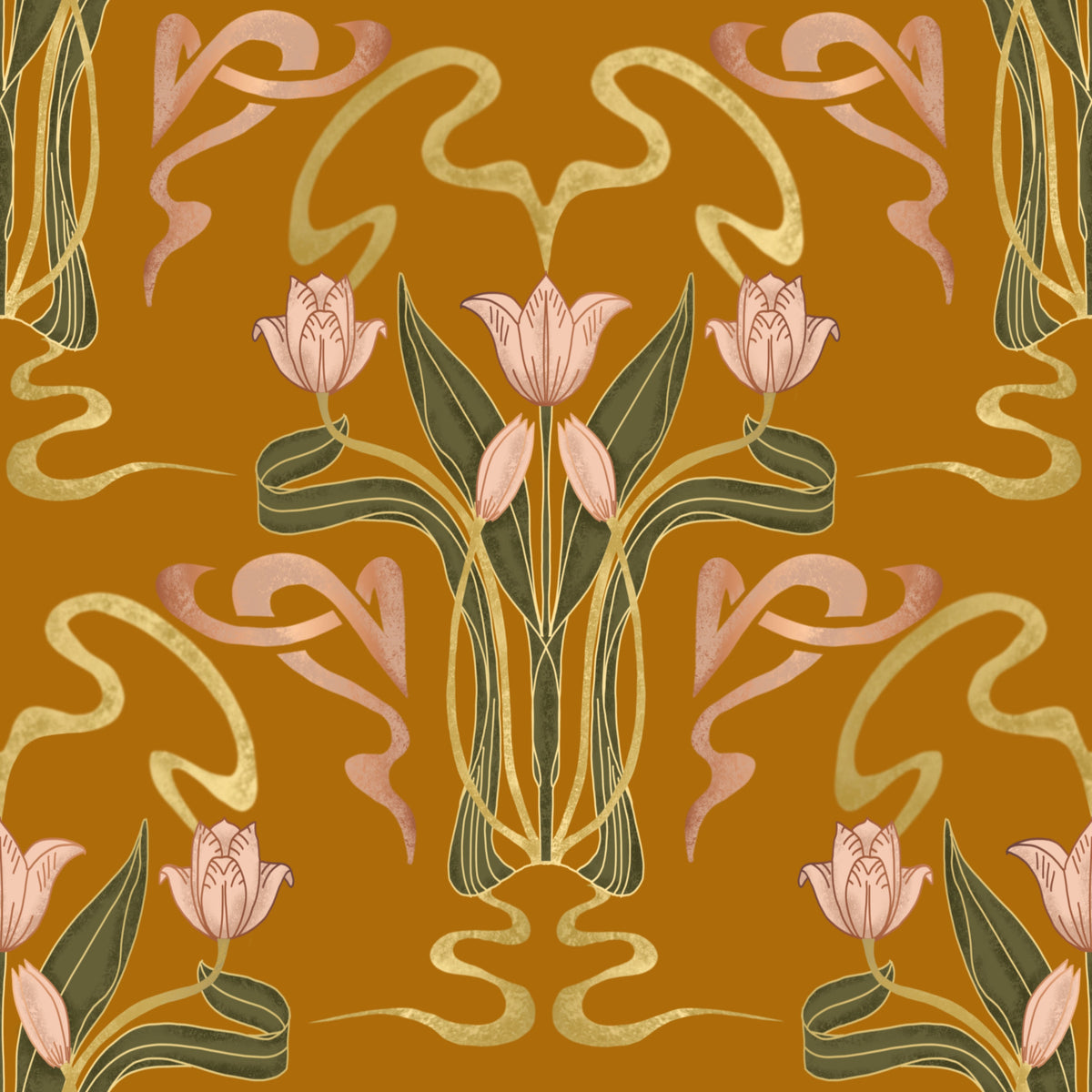 Deco Tulip Bloom  - Art Deco Floral Nouveau Golden Ochre Wallpaper⁠ in your room — zoomed