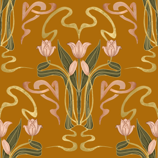 Deco Tulip Bloom  - Art Deco Floral Nouveau Golden Ochre Wallpaper⁠