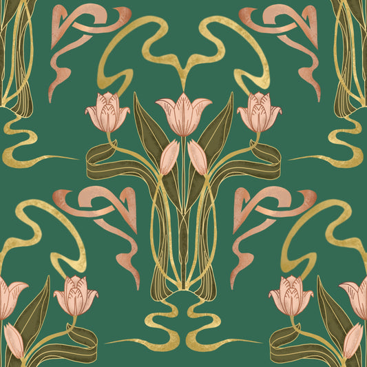Deco Tulip Bloom  - Art Deco Floral Nouveau Forest Grove Wallpaper⁠