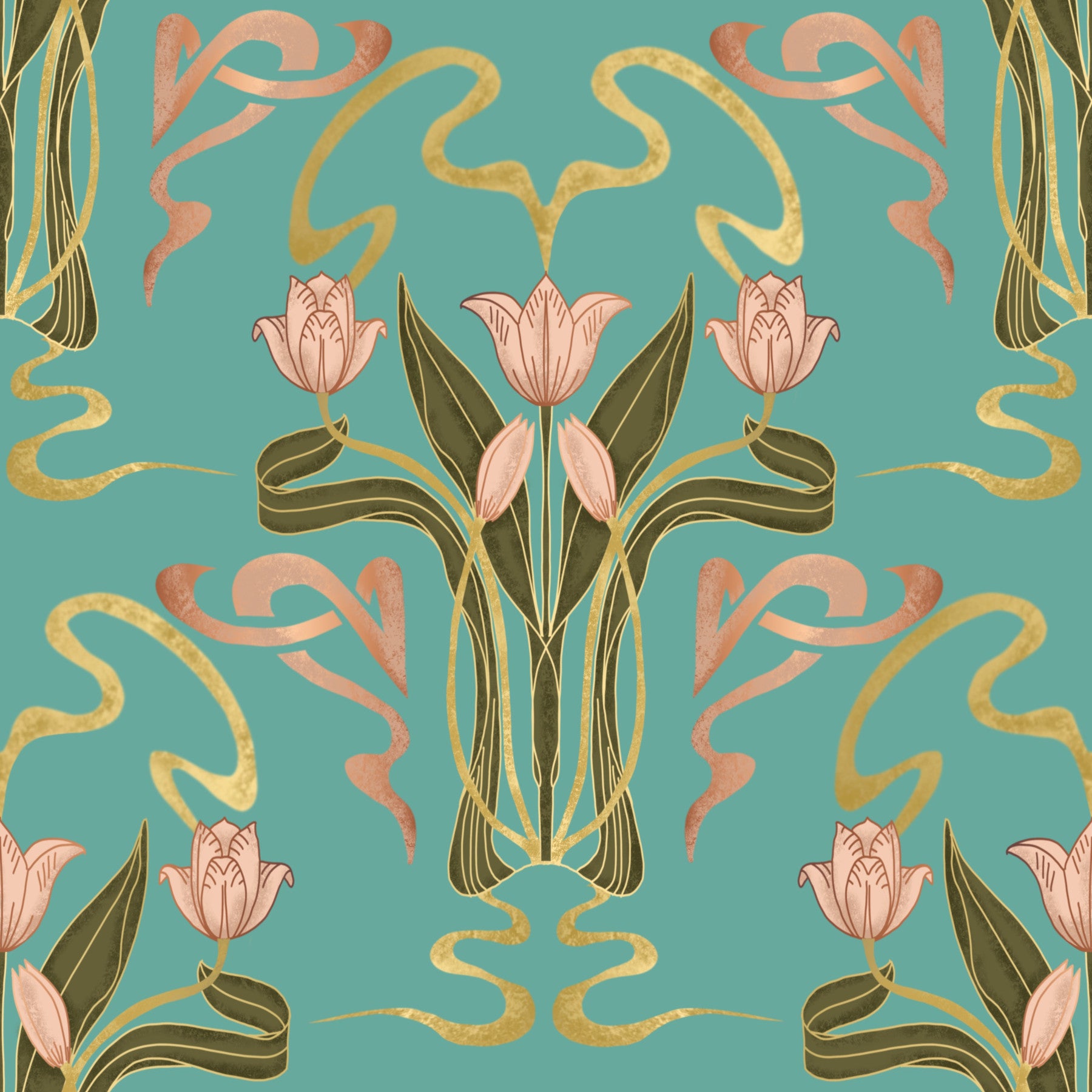 Deco Tulip Bloom  - Art Deco Floral Nouveau Serene Aqua Wallpaper⁠