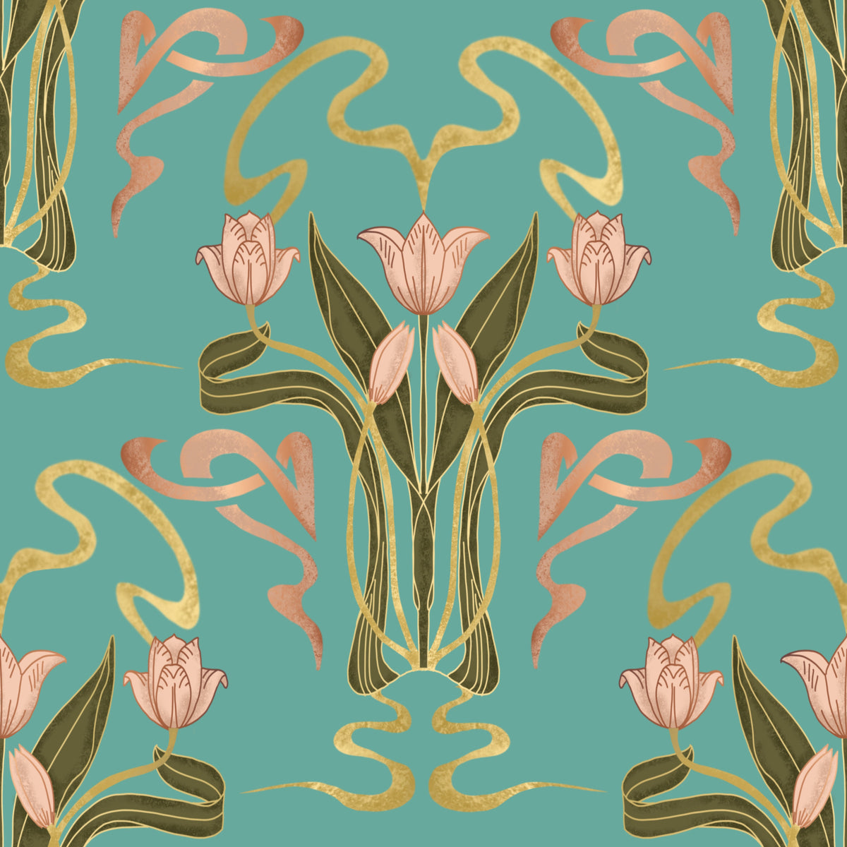 Deco Tulip Bloom  - Art Deco Floral Nouveau Serene Aqua Wallpaper⁠ in your room — zoomed