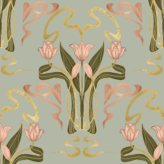 Deco Tulip Bloom  - Art Deco Floral Nouveau Muted Sage Grey Wallpaper⁠