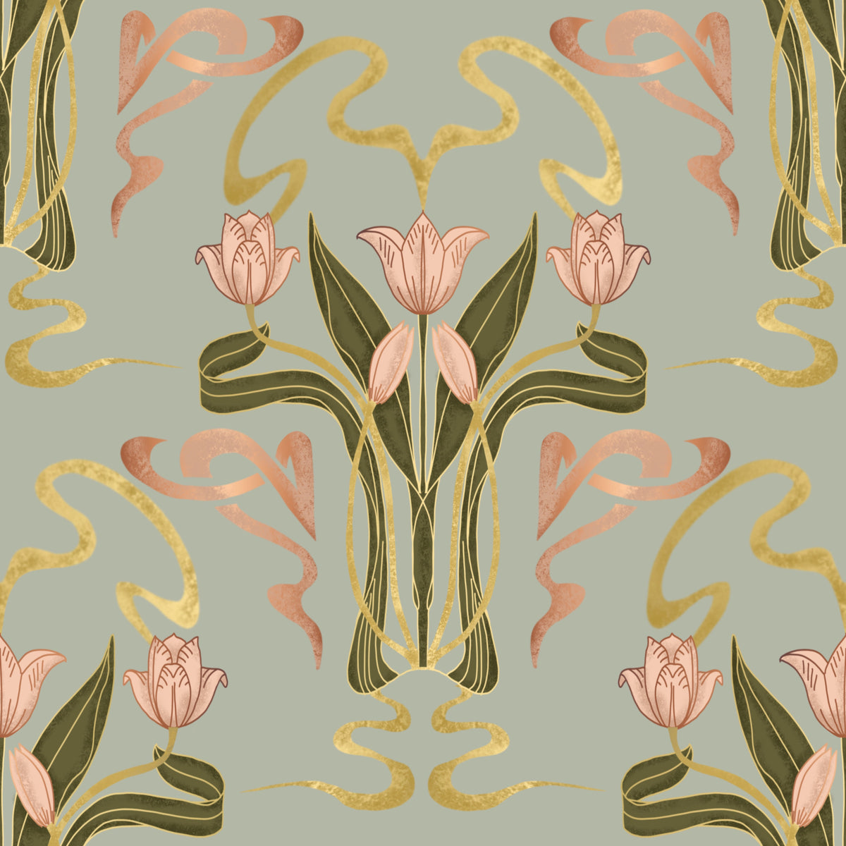 Deco Tulip Bloom  - Art Deco Floral Nouveau Muted Sage Grey Wallpaper⁠