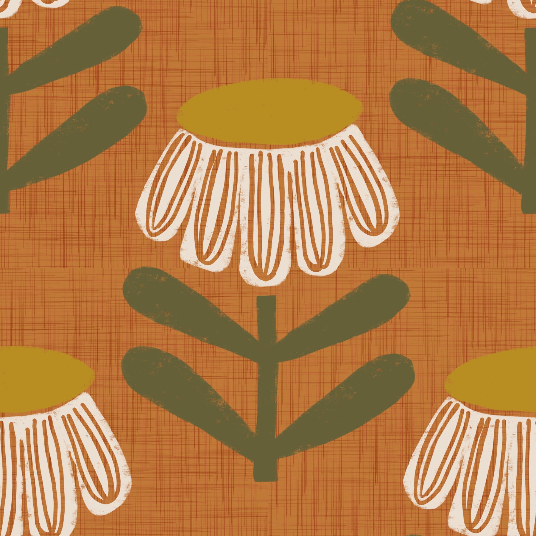 Retro Floral Burnt Orange - Mid Century Modern Daisy Wallpaper⁠