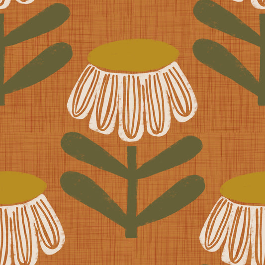 Retro Floral Burnt Orange - Mid Century Modern Daisy Wallpaper⁠