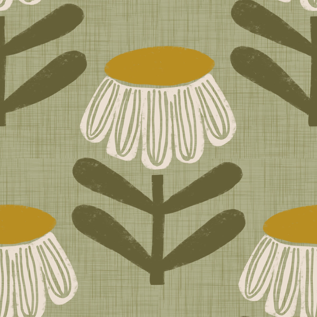 Retro Floral Sage - Mid Century Modern Daisy Wallpaper⁠