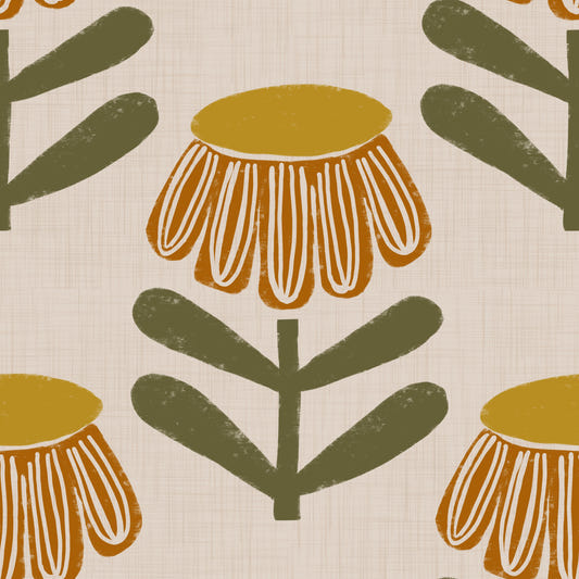 Retro Floral Mustard - Mid Century Modern Daisy Wallpaper⁠