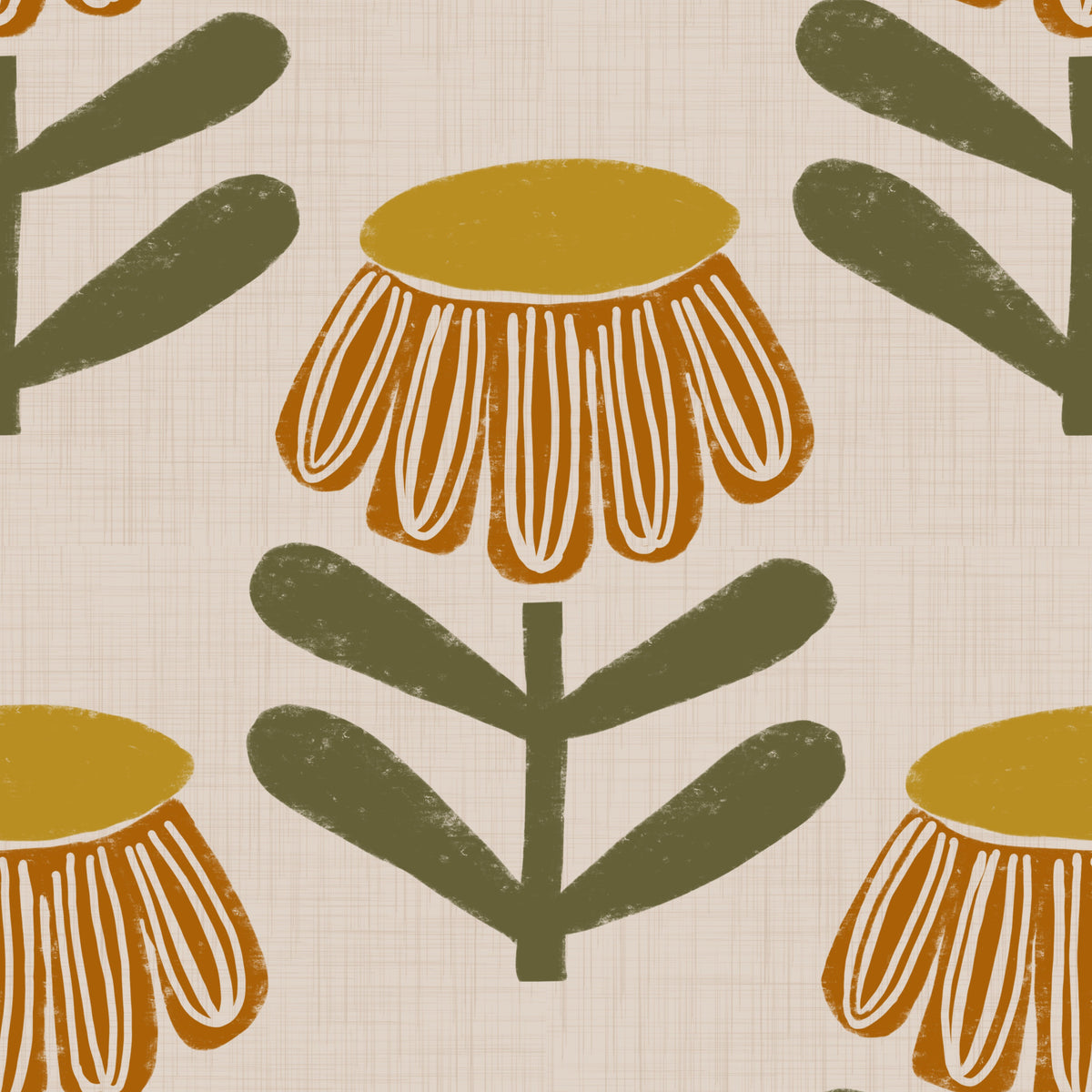 Retro Floral Mustard - Mid Century Modern Daisy Wallpaper⁠ in your room — zoomed