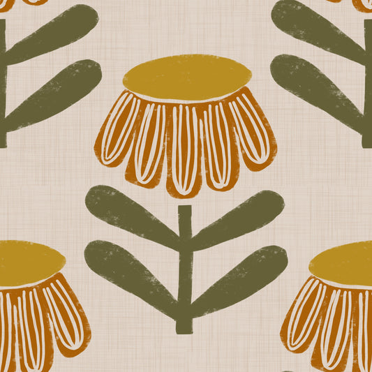 Retro Floral Mustard - Mid Century Modern Daisy Wallpaper⁠