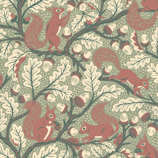 Squirrels in Oak tree - Green Wallpaper⁠