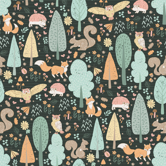Playful Woodland Nursery Animals Dark Green Background Wallpaper⁠