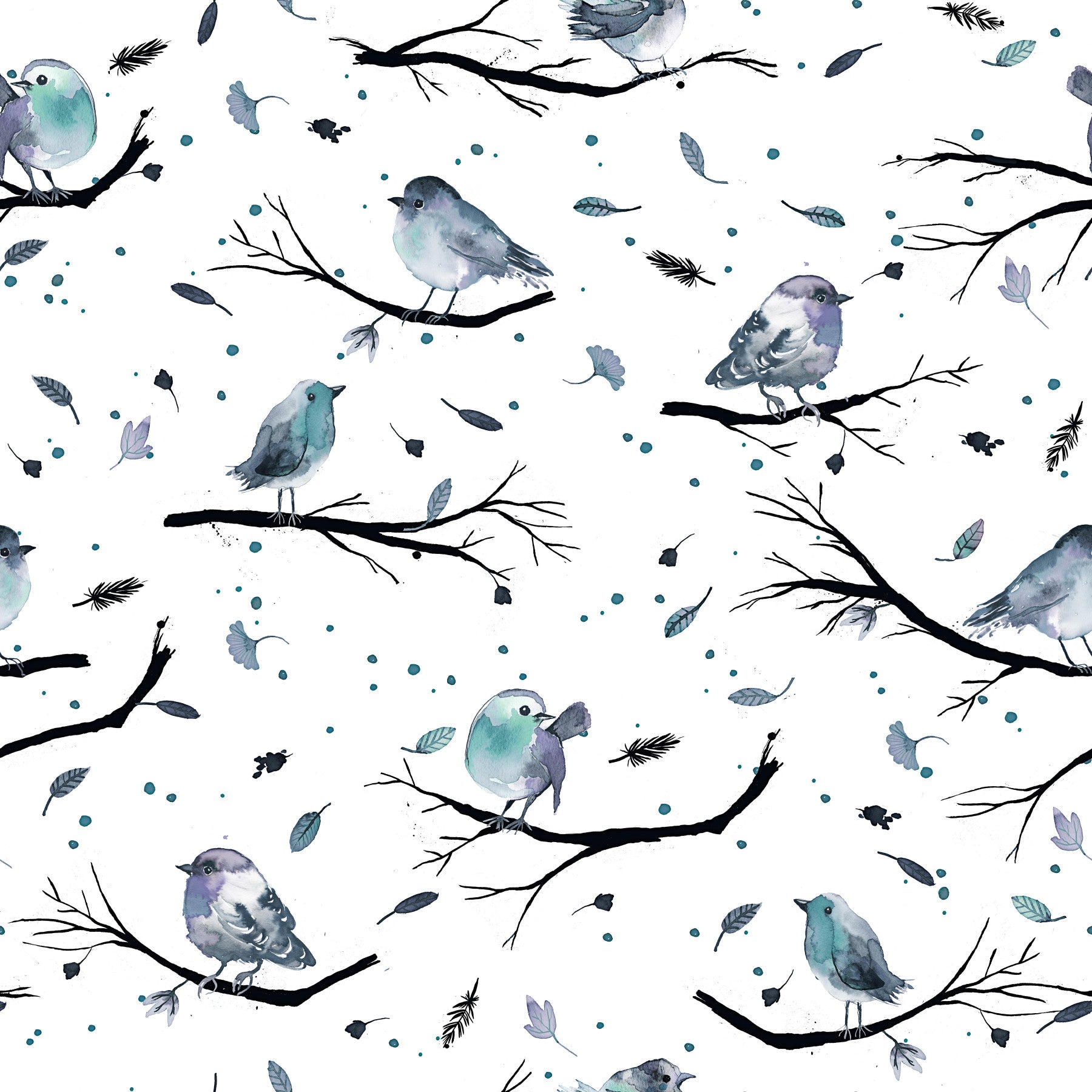 Birds Branches Robin Aqua Blue Wallpaper⁠
