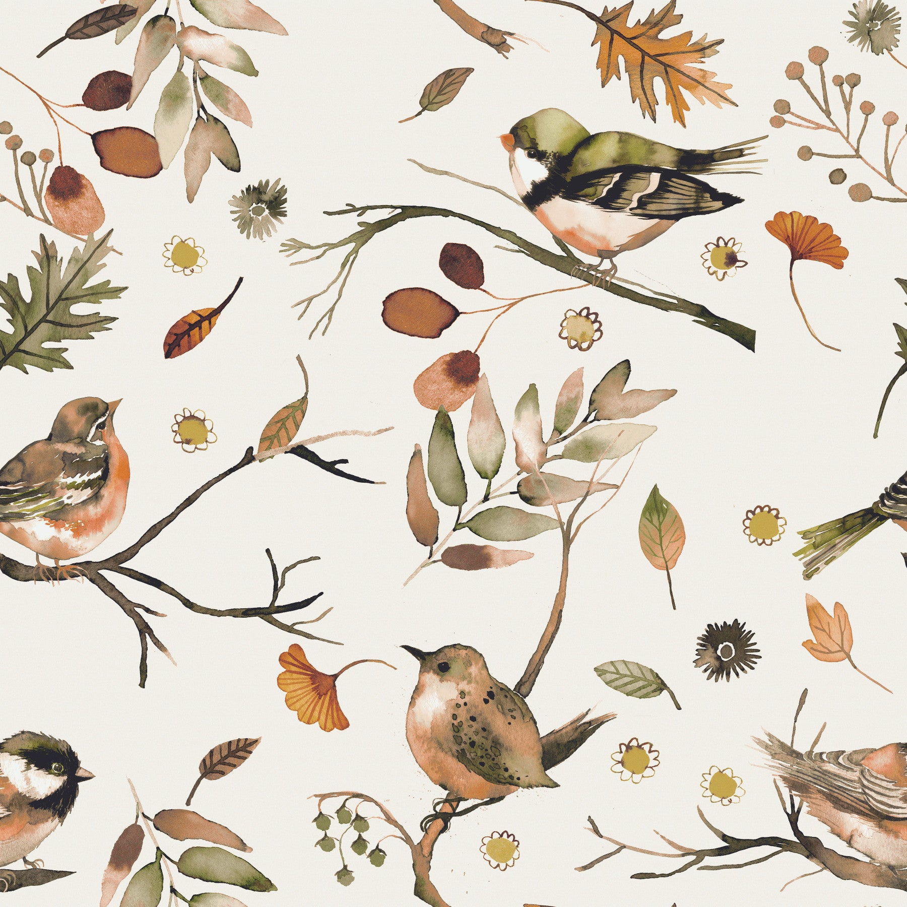 Birds Trees  Forest Rustic Green Wallpaper⁠