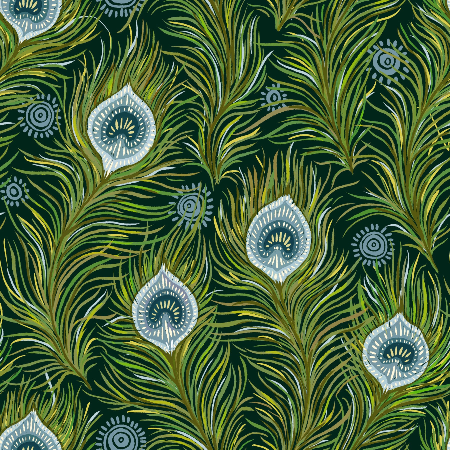 Boho Chic Peacock Feathers - Blue and Green - Dark  Wallpaper⁠