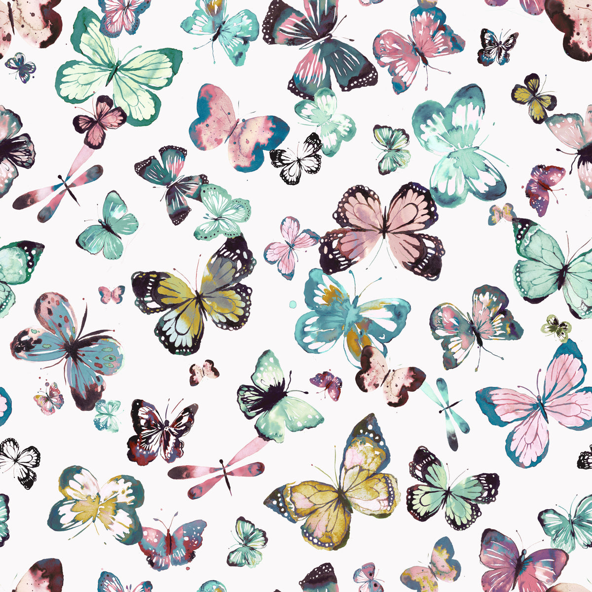 Flying Butterflies Green Pink Pastel Wallpaper⁠