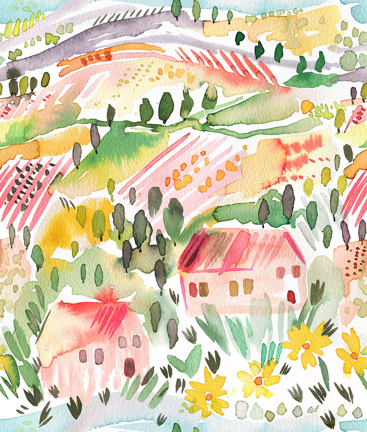 Landscape Tuscany Watercolor Wallpaper⁠