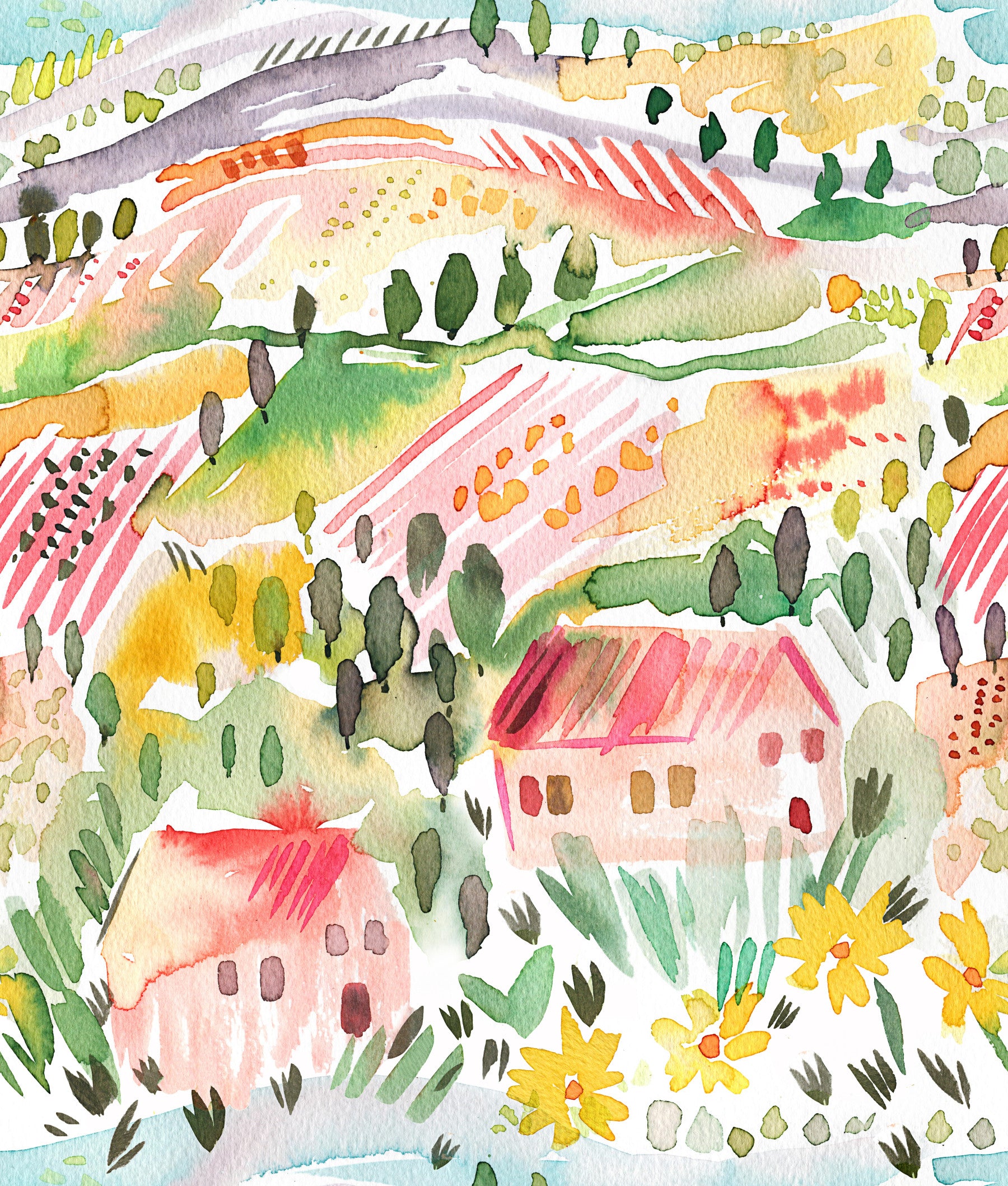 Landscape Tuscany Watercolor Wallpaper⁠ in your room — zoomed