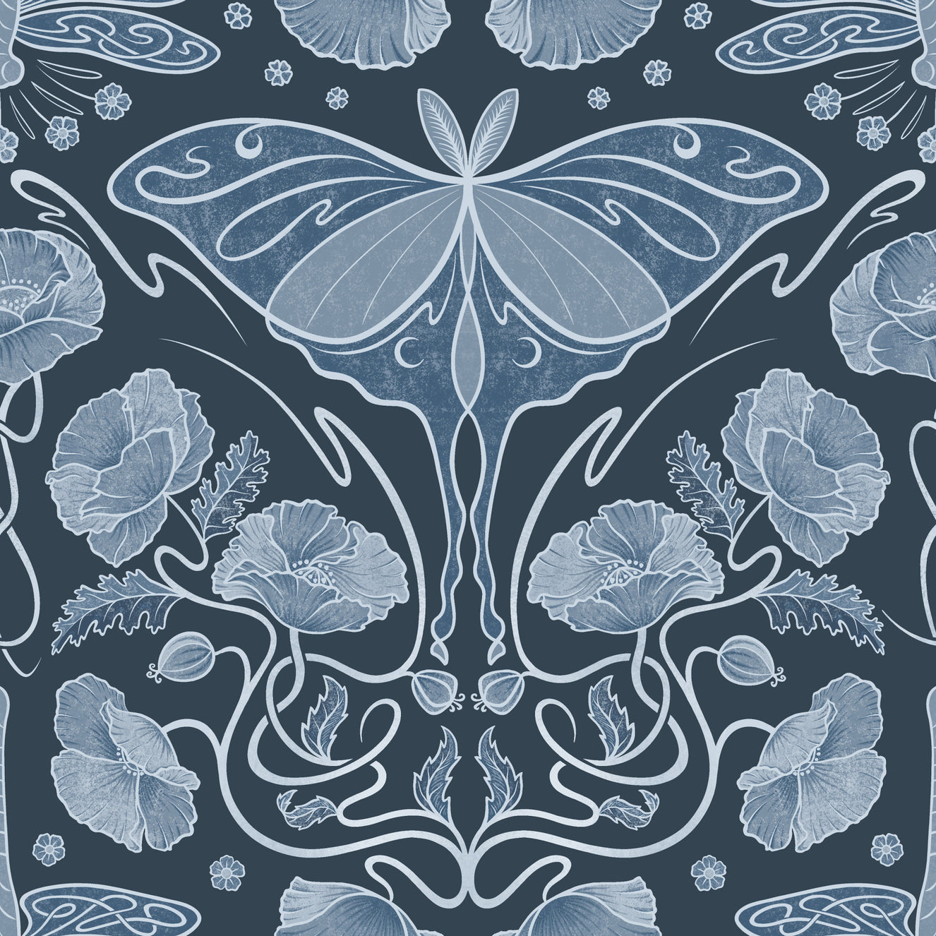 Art Nouveau Poppies & Luna Moth Blue Wallpaper