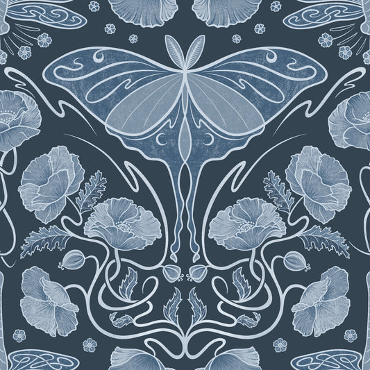 Art Nouveau Poppies & Luna Moth Blue Wallpaper